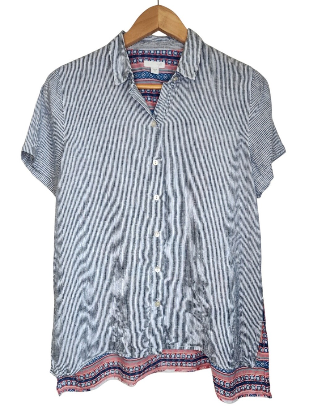 J. Jill Women's Linen Front Striped Button-down shirt With Cotton Floral Back XS